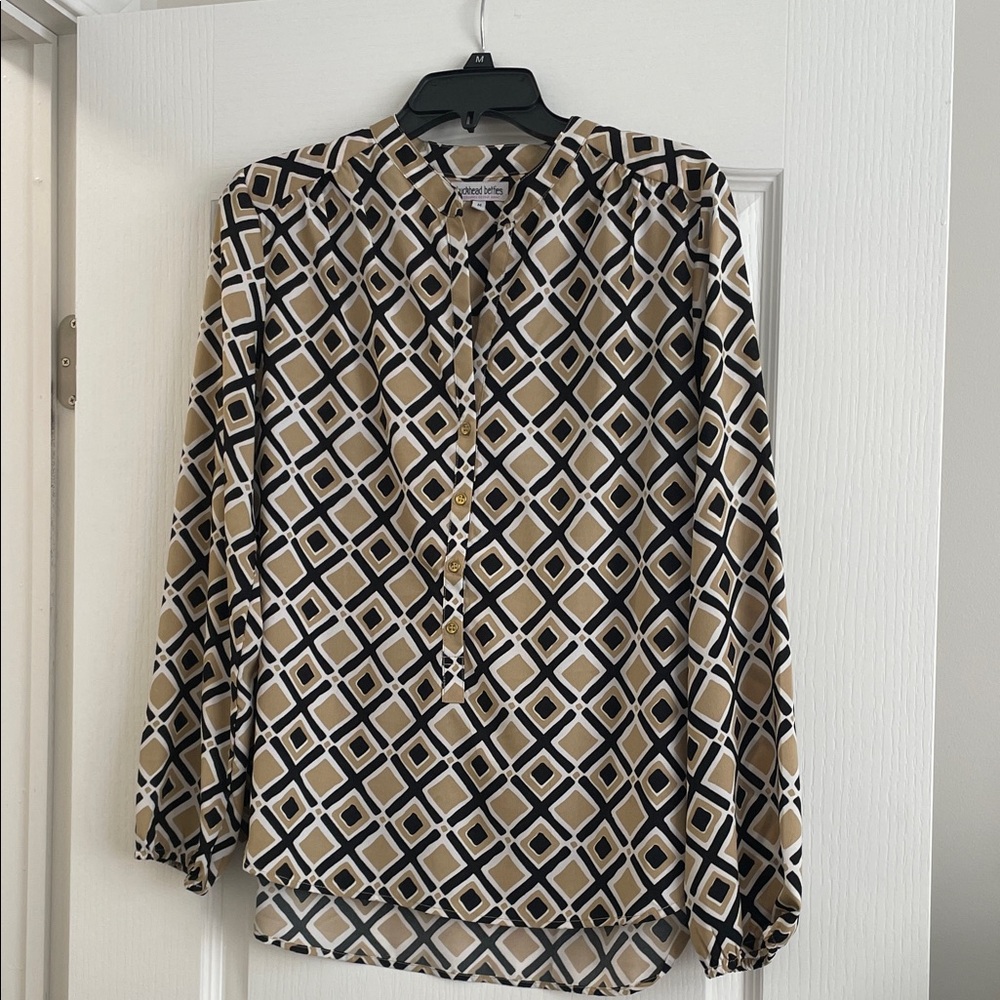 Geometric Print Long-Sleeve Blouse - Beige/Black